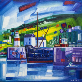 Colorful, expressionistic painting of boats docked at a harbor with vibrant brushstrokes and abstract elements. By Raymond Murray